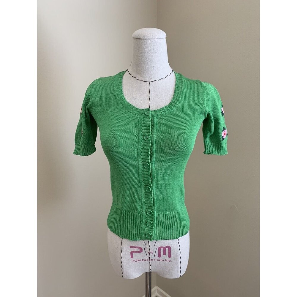Vintage 70s Right Bank Green Floral Embroidery Cotton Sweater Knit Dittos Italy
